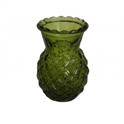 Petit vase en verre de couleur verte en forme d'ananas vu de face