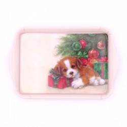 Petit plateau mélaminé de la marque Ambiente décor de chiot et sapin de Noël