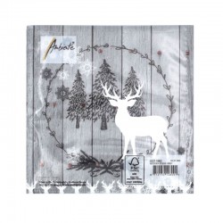 Vue du verso des serviettes papier décor cerf blanc et sapins stylisés sur fond gris