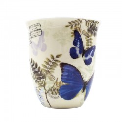 Mug porcelaine Blue Morpho décor papillons bleus vu côté opposé à l'anse