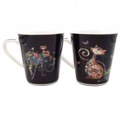 Tasse à café porcelaine chat vélo et chat papillons fond noir Bug Art par Kiub