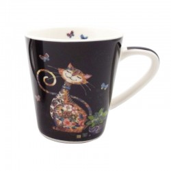 Détail de la tasse à café porcelaine Chat roux papillons fond noir Bug Art