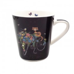 Détail de la tasse à café porcelaine Chat vélo et fleurs fond noir Bug Art