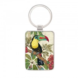 Porte clé en métal forme rectangle décor Toucan et fleurs Collection Bug Art