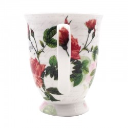 Vue côté anse du mug en porcelaine oiseau et tiges de roses