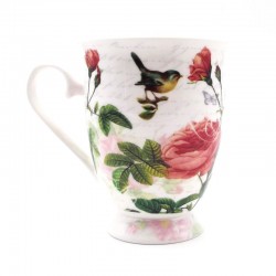 Mug en porcelaine fine bone sur pied décor roses et oiseau Collection Sophie