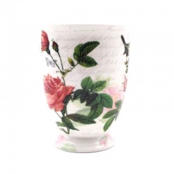 Vue côté opposé à l'anse du mug porcelaine décor roses et oiseau