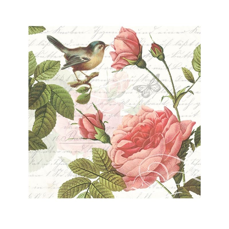 Serviette en papier Sophie décor d'oiseau et de rose et feuillage par Ambiente