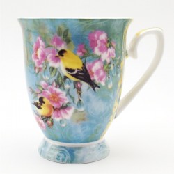 Mug porcelaine côté droit décor oiseaux et fleurs roses fond bleu par Ambiente