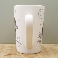 Mug porcelaine fond blanc mat décor Chouette Kook vu côté anse