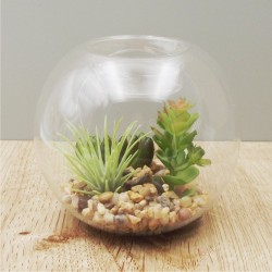 Vue de l'arrière du bougeoir forme boule en verre avec plantes et graviers par Sil