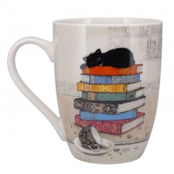 Mug porcelaine arrondi 34cl avec anse à gauche décor Bug Art chaton et livres