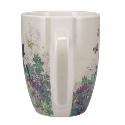 Vue côté anse du mug en porcelaine arrondi chat noir jardin par Kiub