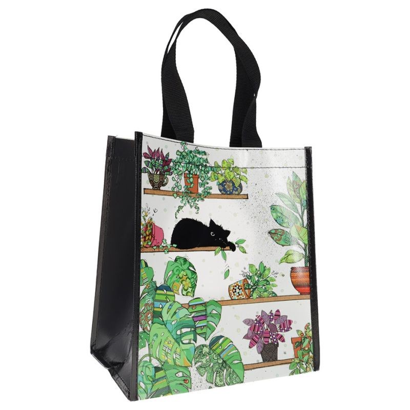 Sac cabas par Kiub décor chat noir couché dans des plantes vertes, Collection Bug Art