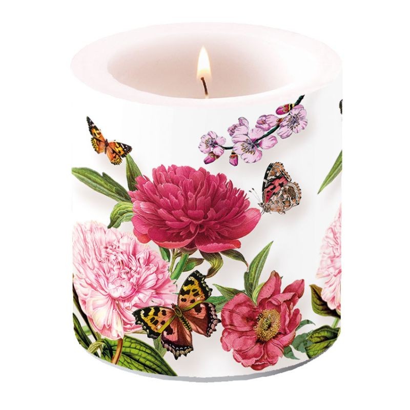 Bougie cylindrique 35h décor fleur et papillon Collection Pivoine par Ambiente